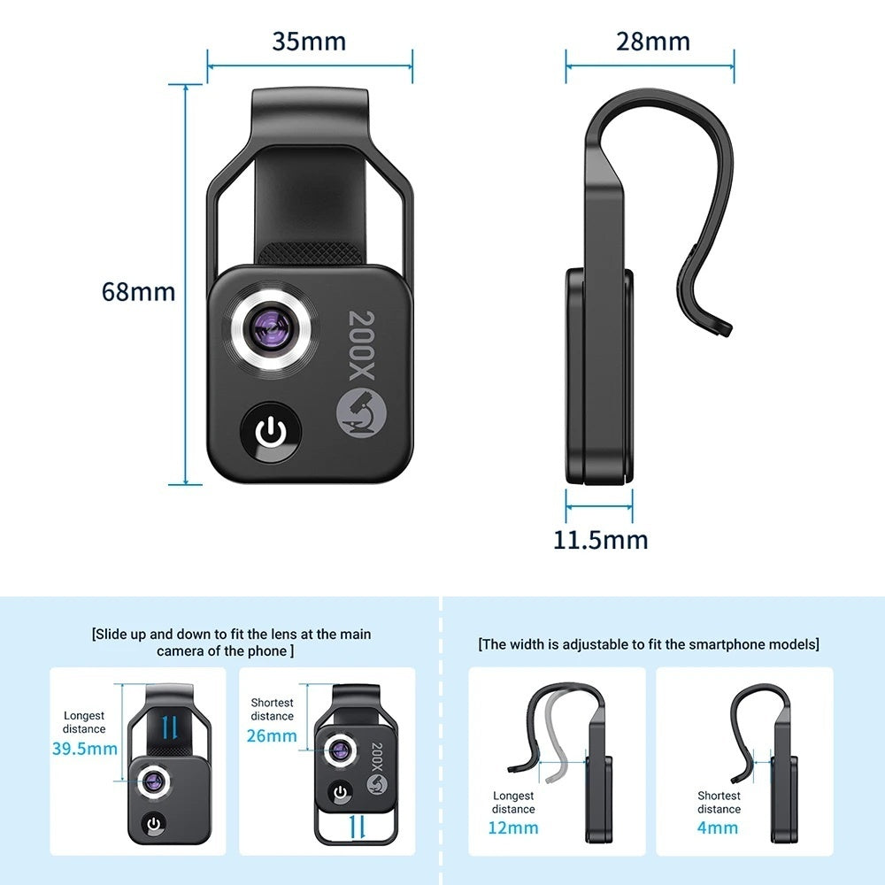 200X Zoom Professional Microscope Lens for Smartphones with Clip, Built-in LED Fill Light