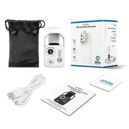 200X Zoom Professional Microscope Lens for Smartphones with Clip, Built-in LED Fill Light