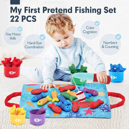 22Pcs Cloth Montessori Fishing Toy for Young Learners with Stacking Cups, Color Sorting