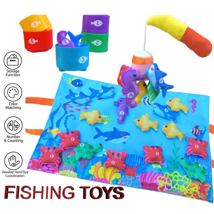 22Pcs Cloth Montessori Fishing Toy for Young Learners with Stacking Cups, Color Sorting