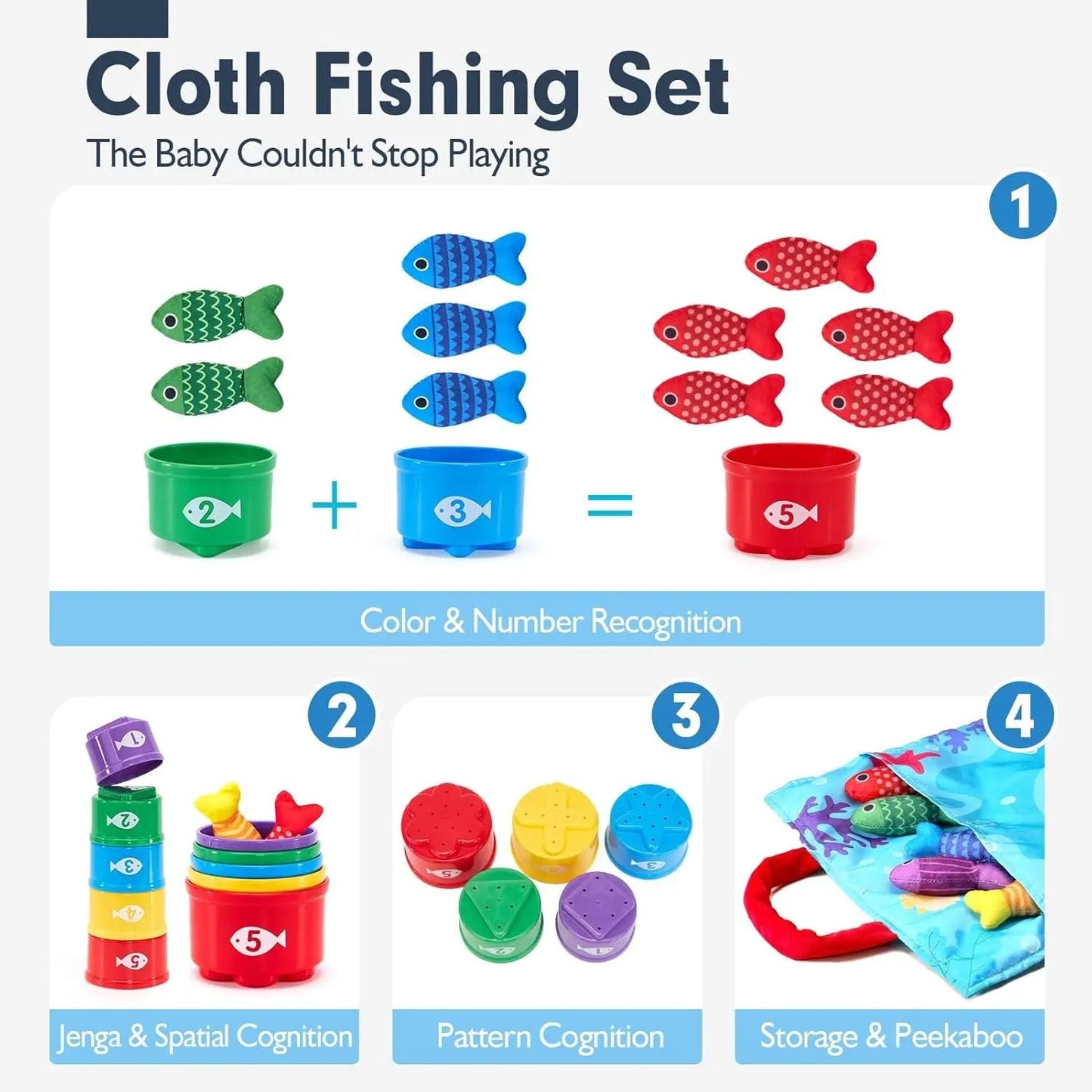 22Pcs Cloth Montessori Fishing Toy for Young Learners with Stacking Cups, Color Sorting