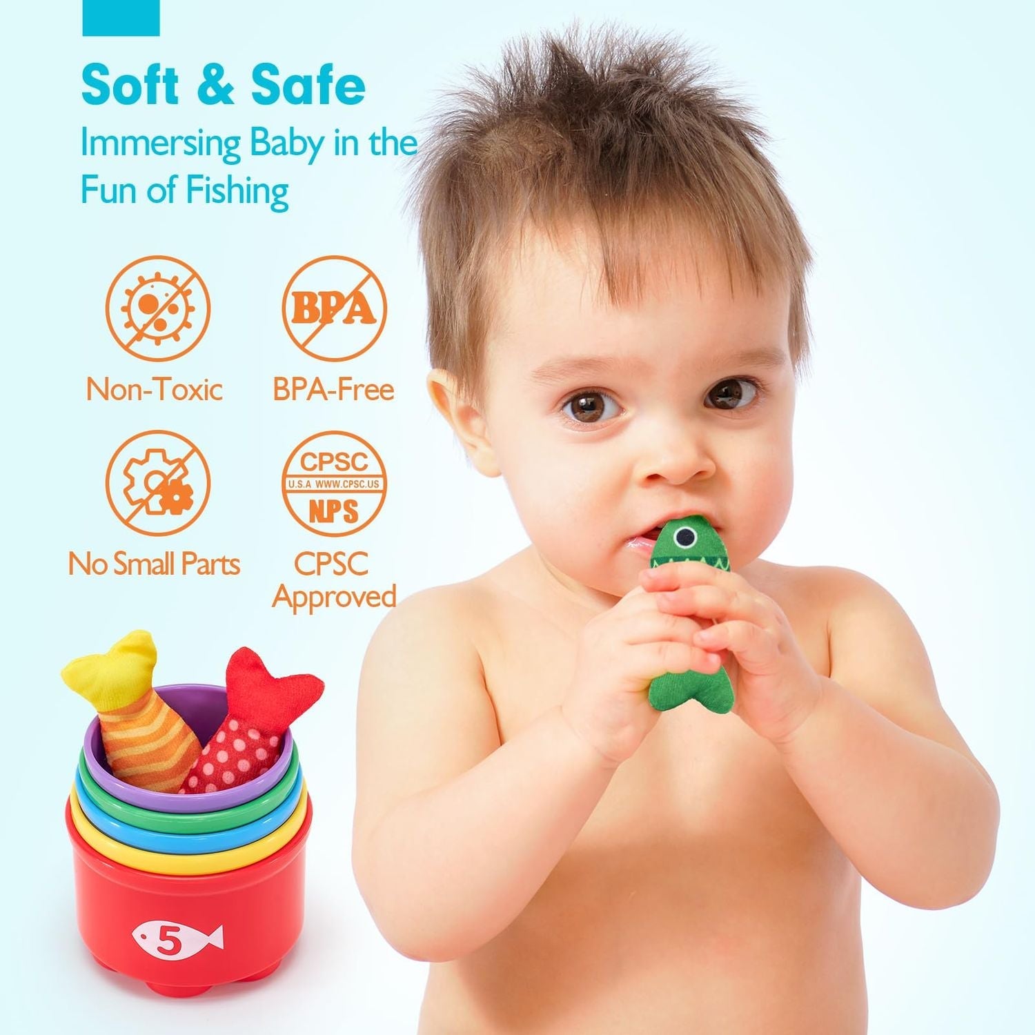 22Pcs Cloth Montessori Fishing Toy for Young Learners with Stacking Cups, Color Sorting