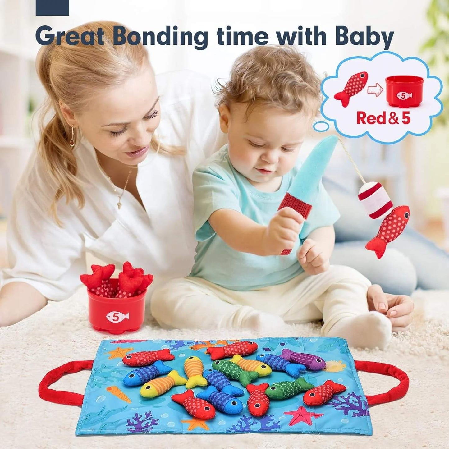 22Pcs Cloth Montessori Fishing Toy for Young Learners with Stacking Cups, Color Sorting