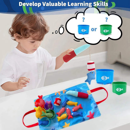 22Pcs Cloth Montessori Fishing Toy for Young Learners with Stacking Cups, Color Sorting