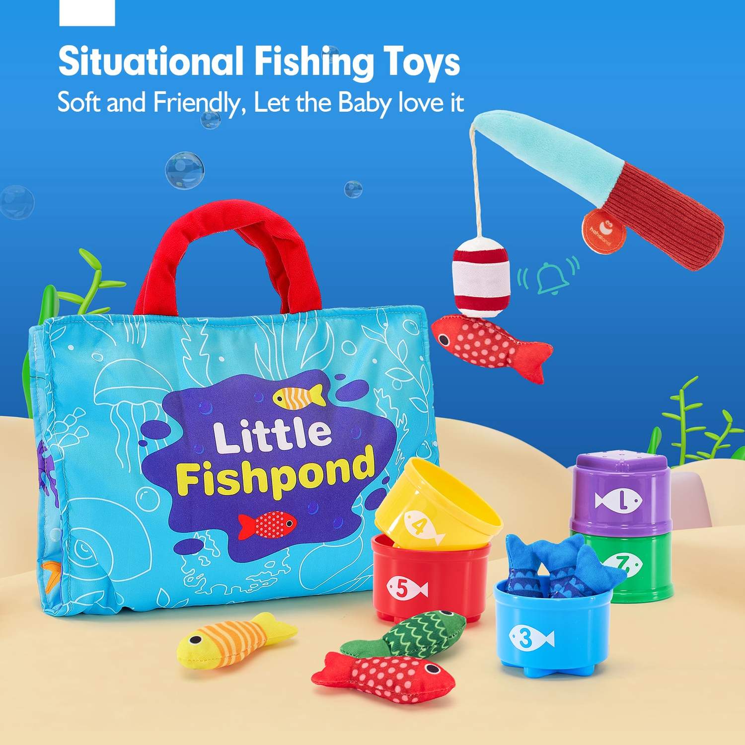 22Pcs Cloth Montessori Fishing Toy for Young Learners with Stacking Cups, Color Sorting