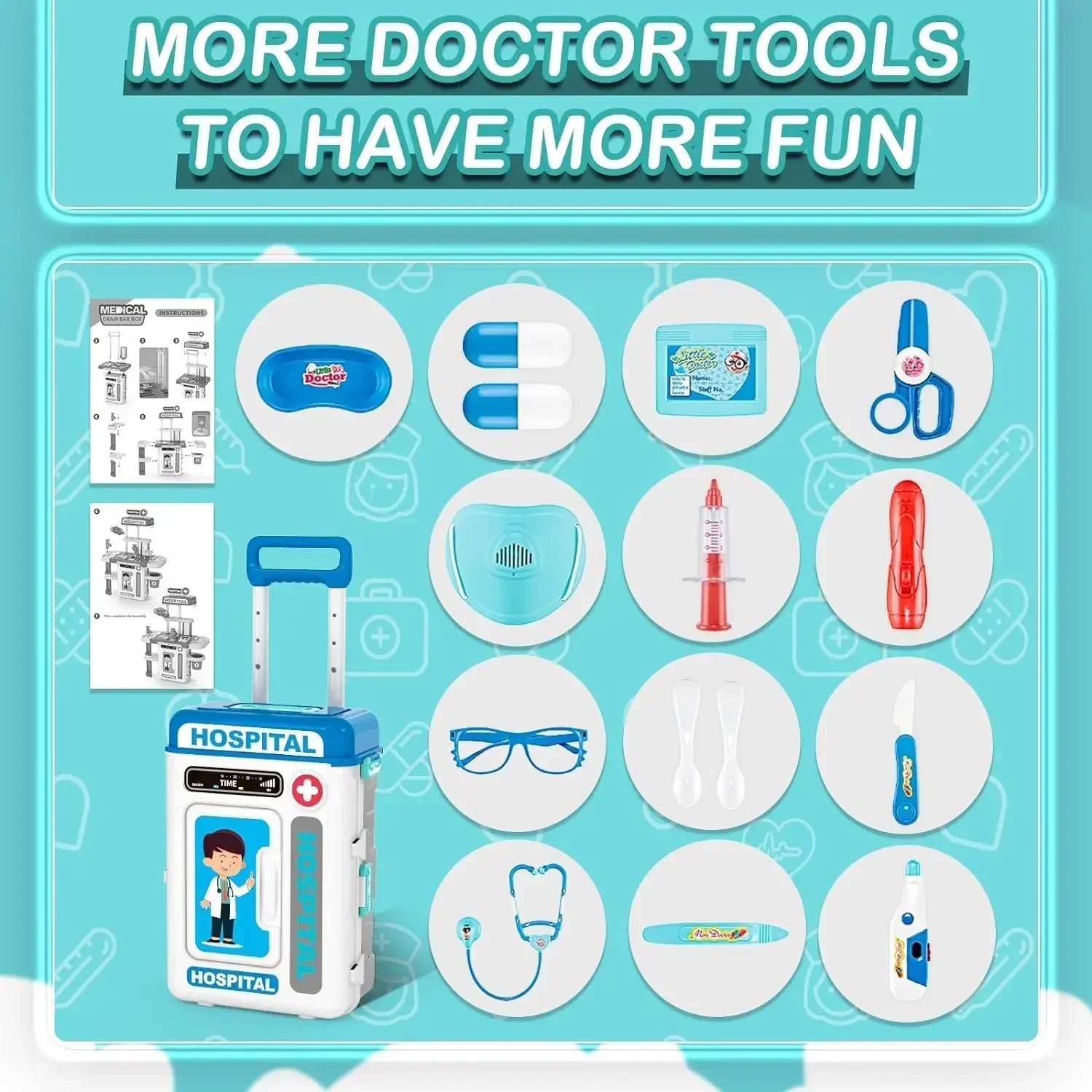 22 Pcs Educational Pretend Medical Station Set Doctor, Realistic Tools, Foldable Trolley, Safe for Kids 3+