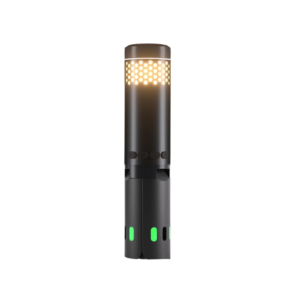 Black cylindrical device with a patterned top and green accents on a white background