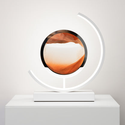 Decorative object with a circular design featuring a wooden texture on a white platform against a light gray background