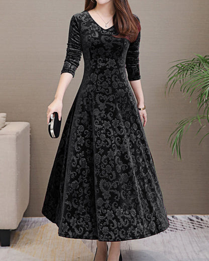 Luxurious Soft V Neck Midi Dress Long Sleeve