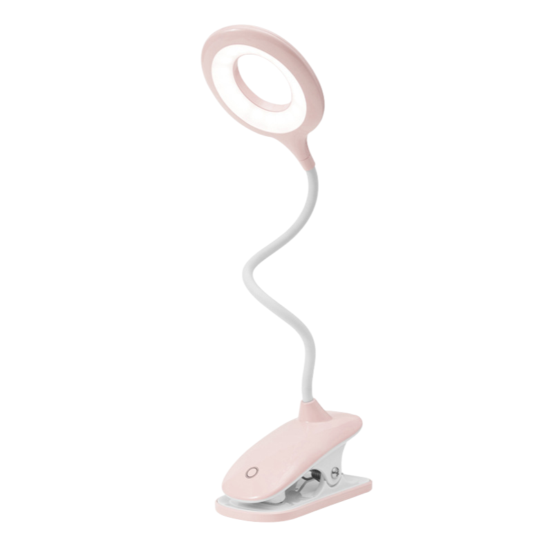 Pink LED reading lamp with flexible neck on a white background