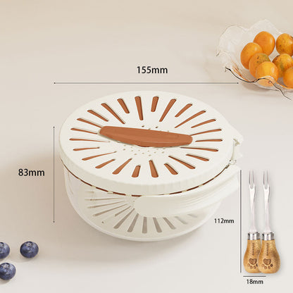 White kitchen tool with brown accents and measurements on a light background