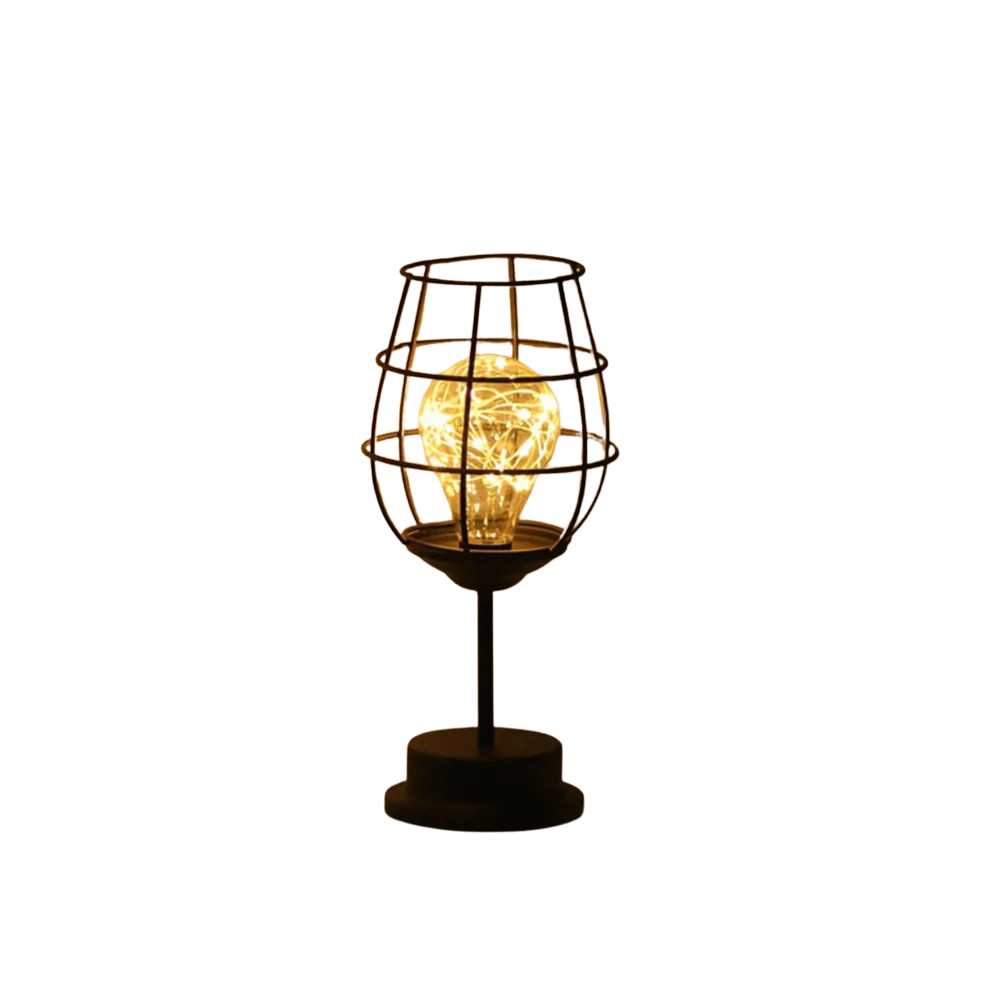 Table lamp with wire cage design on a white background