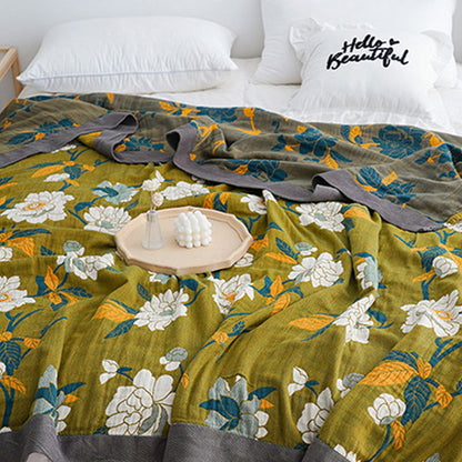Olive Flower Printed Cotton Quilt - Double-Sided Boho Design for Bedroom Decor, Soft and Skin-Friendly 2