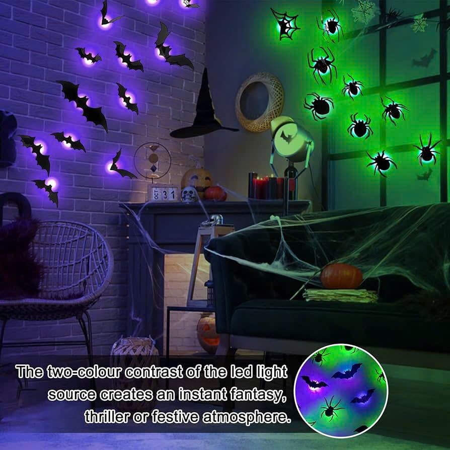36 PCS LED-Powered 3D Bat Lights for Halloween Wall Decor – Safe Material, Button Battery Operated, Easy to Install & Remove