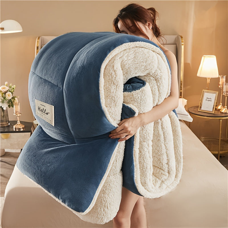 Person holding a rolled-up blue and white blanket with 'Hello' label in a bedroom setting.