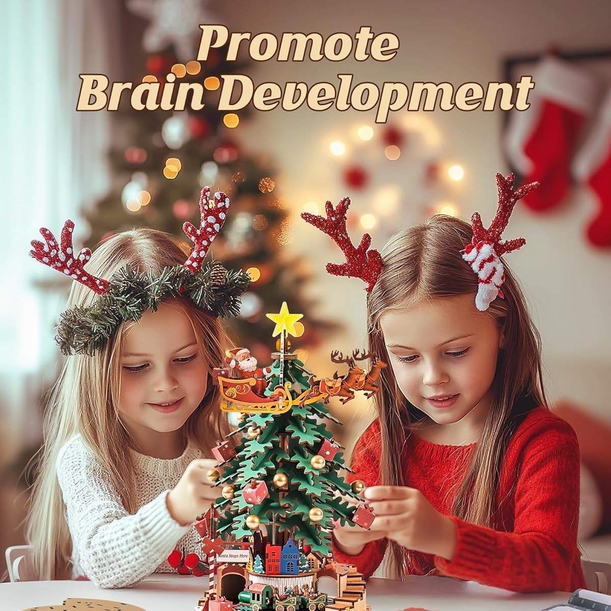 3D Wooden Christmas Tree Music Box with Featuring an Enchanting Holiday Scene, LED Lights, Moving Train, Safe for Ages 14+