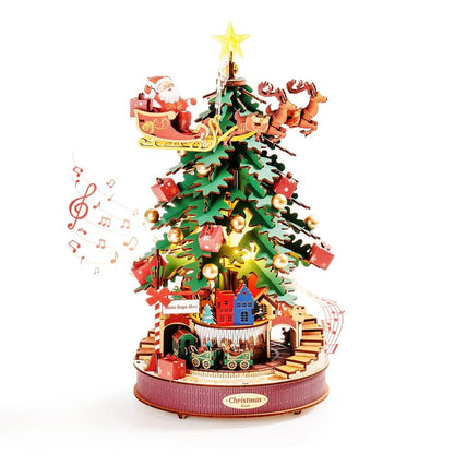 3D Wooden Christmas Tree Music Box with Featuring an Enchanting Holiday Scene, LED Lights, Moving Train, Safe for Ages 14+