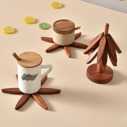 Two white mugs with wooden lids and bases on a beige surface with lemon slices.