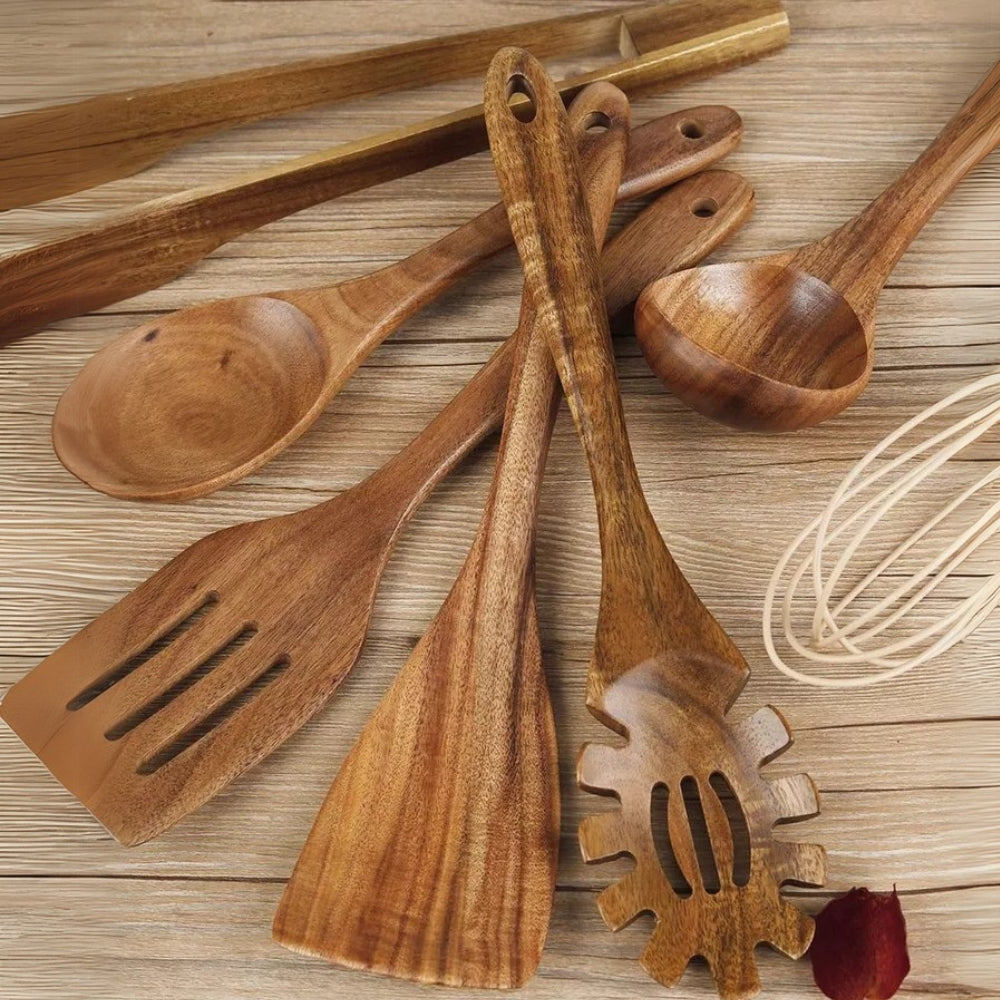 Premium Wooden Kitchen Tool Set - 7 Piece Teak Collection