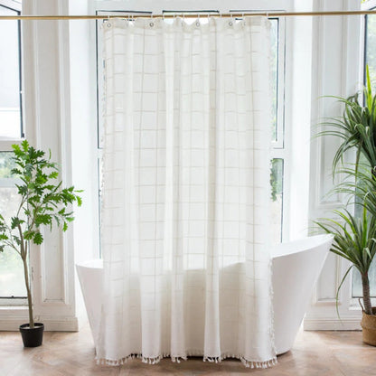 Soft Cotton Shower Curtain with Tassel Trim and Waterproof Coating