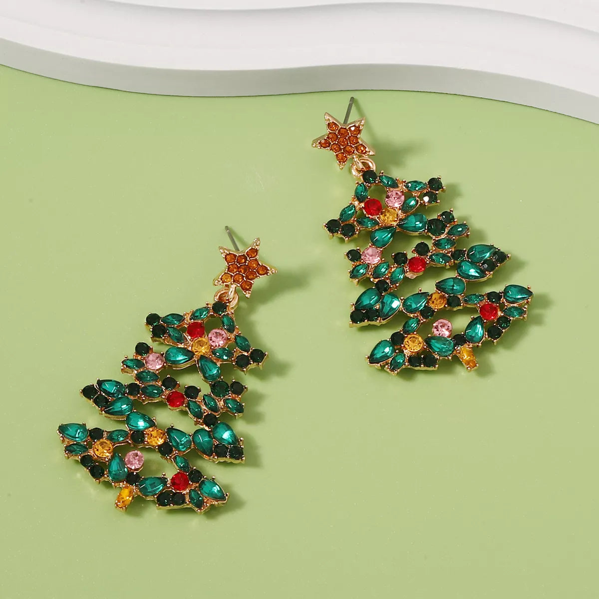 Sparkly Xmas Tree Drop Earrings with Crystals