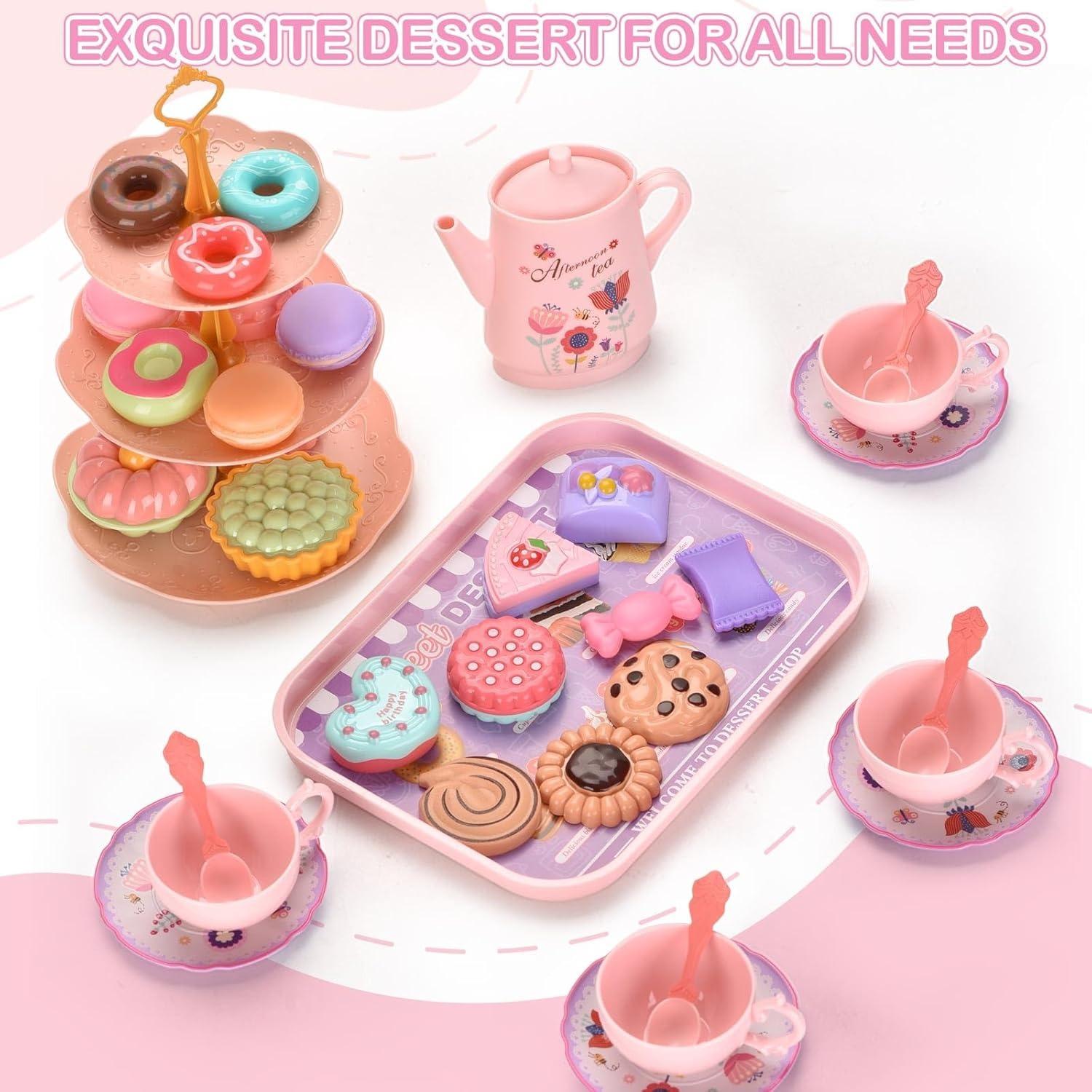 42PCS Kids Afternoon Tea Party Set with Teapot, Desserts & Cups, Portable Carry Case, Safe for Ages 3+
