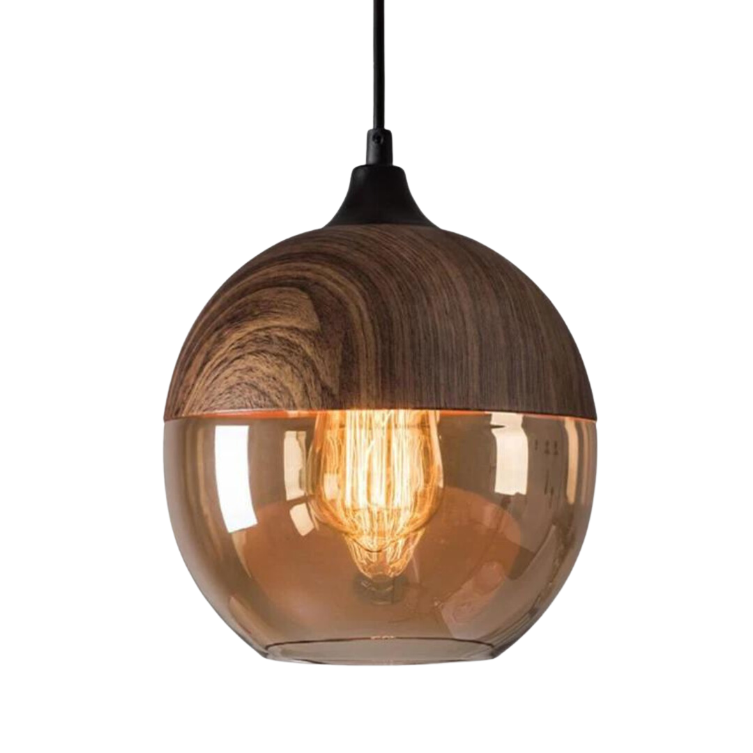Rustic Wooden Pendant Light with Tinted Glass Shade - Halri