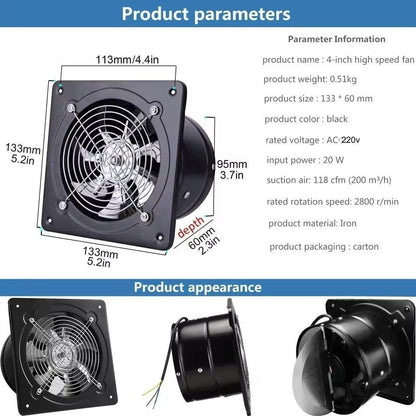 4,6,8" Industrial Axial Exhaust Fan with Square Frame and Low Noise Design