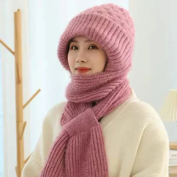 Warm Fleece Hood Hat with Scarf