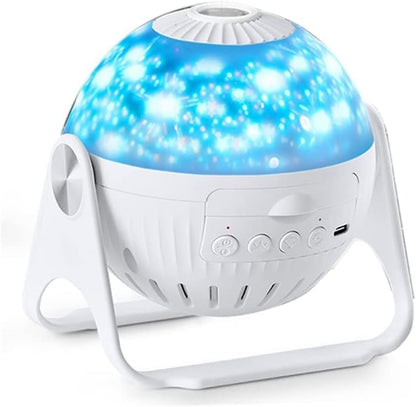 White night light projector with blue LED lights on a white background