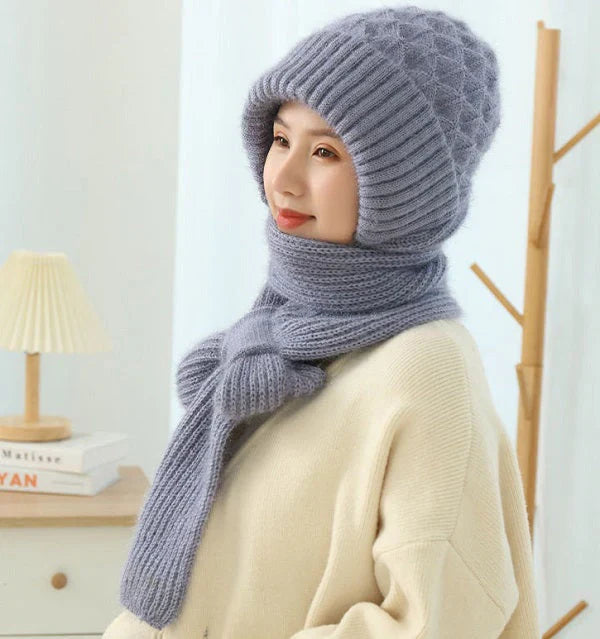 Warm Fleece Hood Hat with Scarf