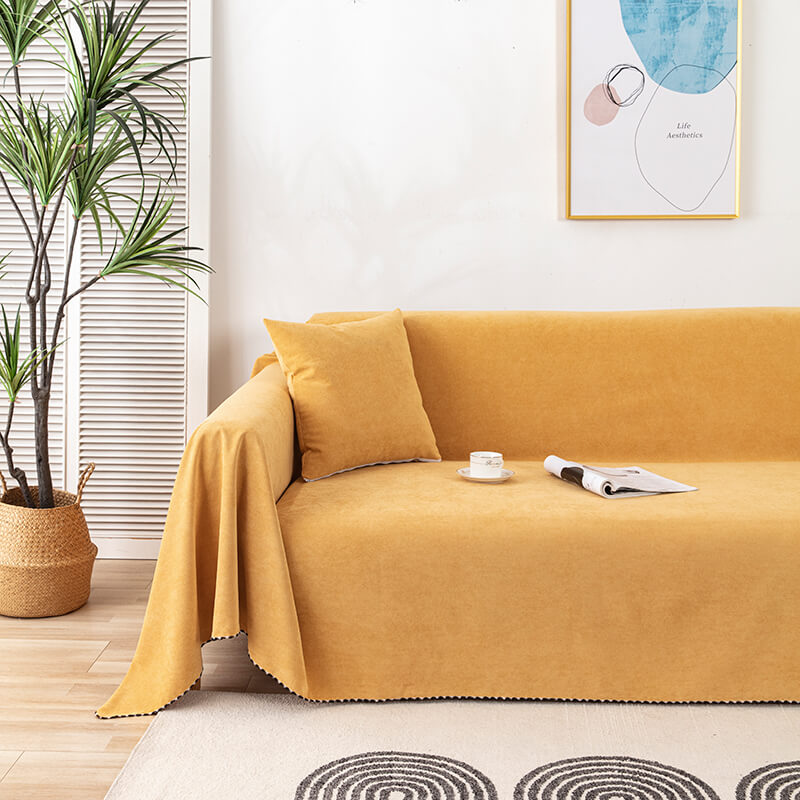 Waterproof Faux Fur Sofa Blanket with Decorative Trim