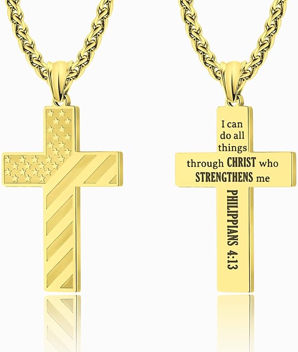 Patriotic USA Flag Cross Pendant Necklace