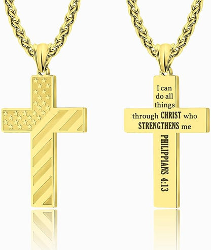 Patriotic USA Flag Cross Pendant Necklace