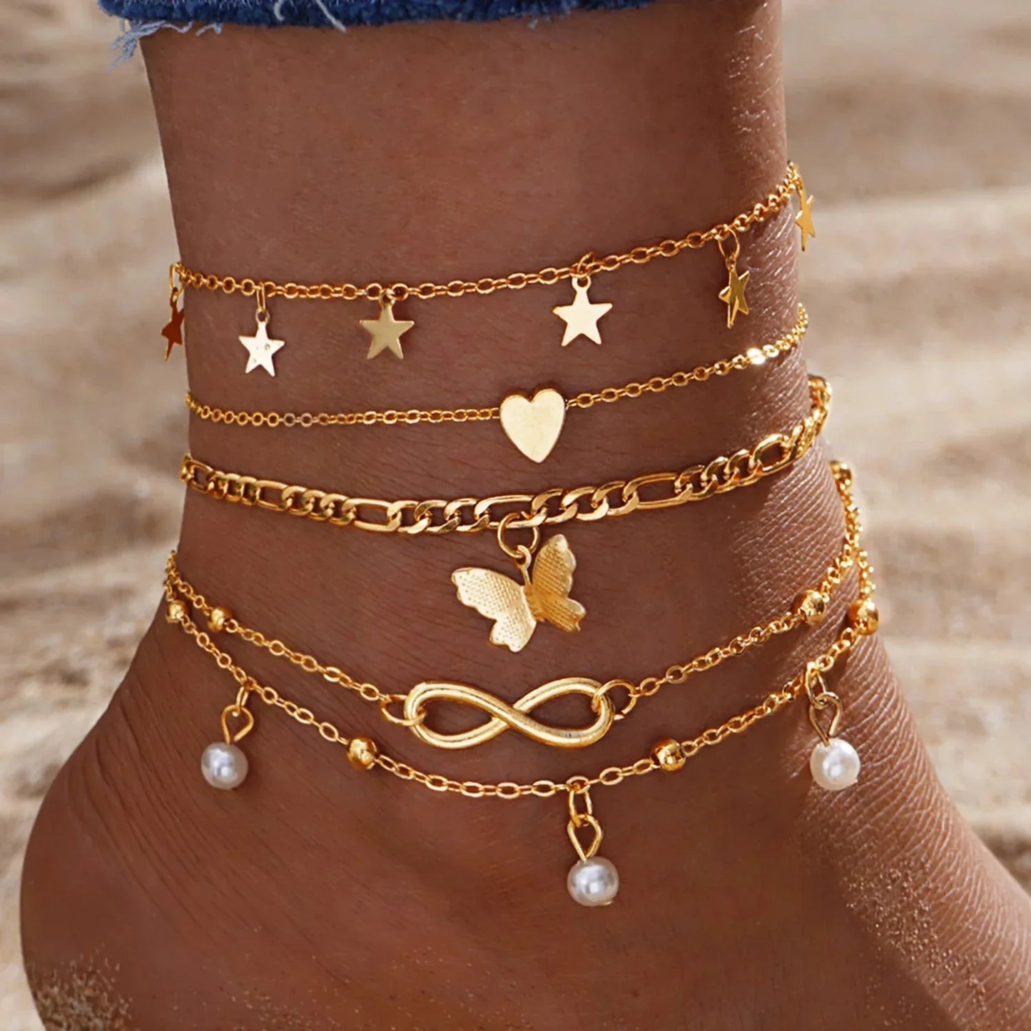 Delicate Women's 5pc Anklet Set with Charms - Halri