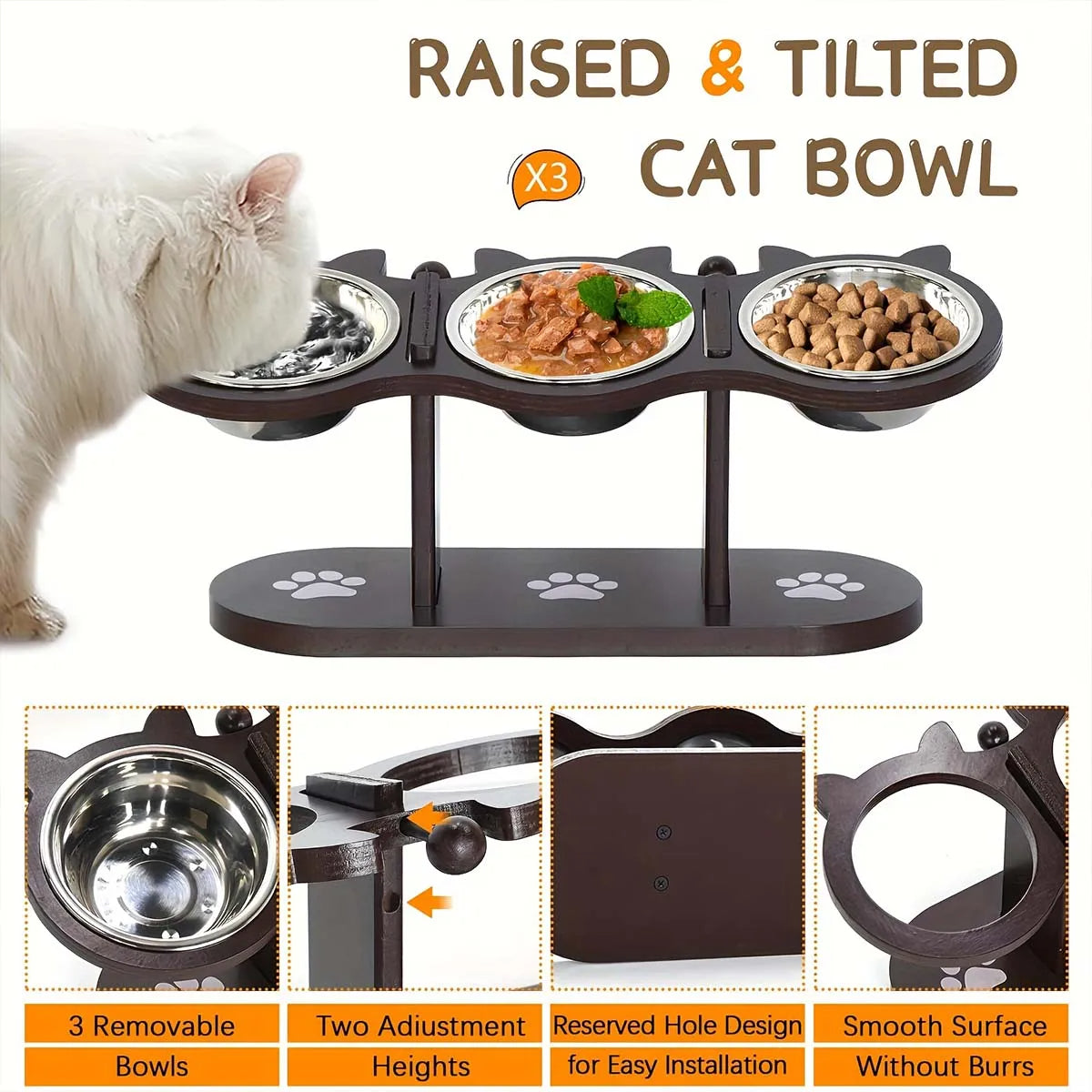 Raised Pet Food Bowl with 3 Metal Feeding Stations