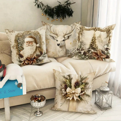 Luxury Red Holiday Pillow Cover Santa & Reindeer Pattern - Halri