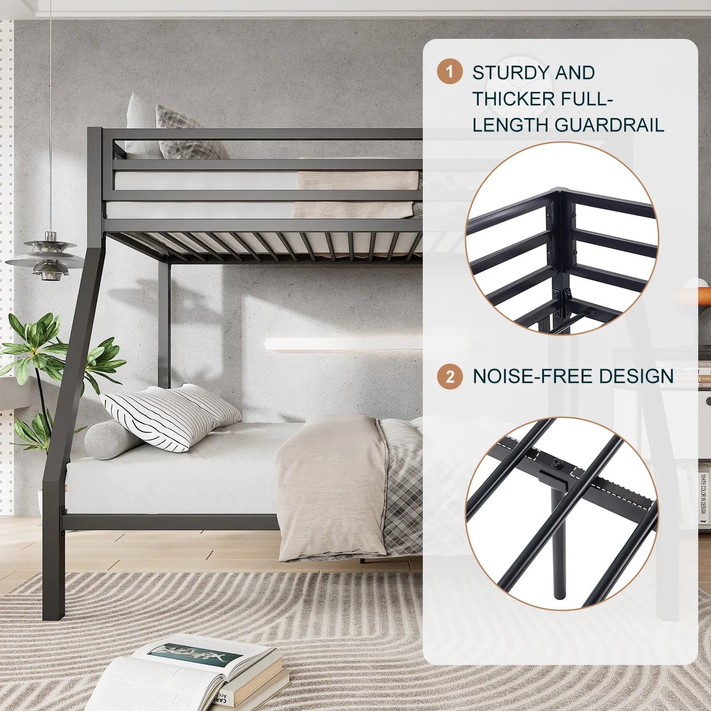 Space Saving Metal Bunk Bed Frame With Sturdy Ladder