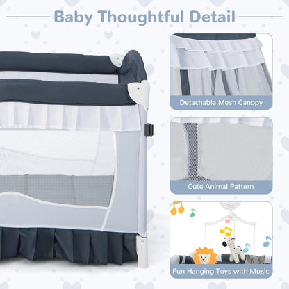 Compact Baby Playpen Crib Bed with Music & Canopy