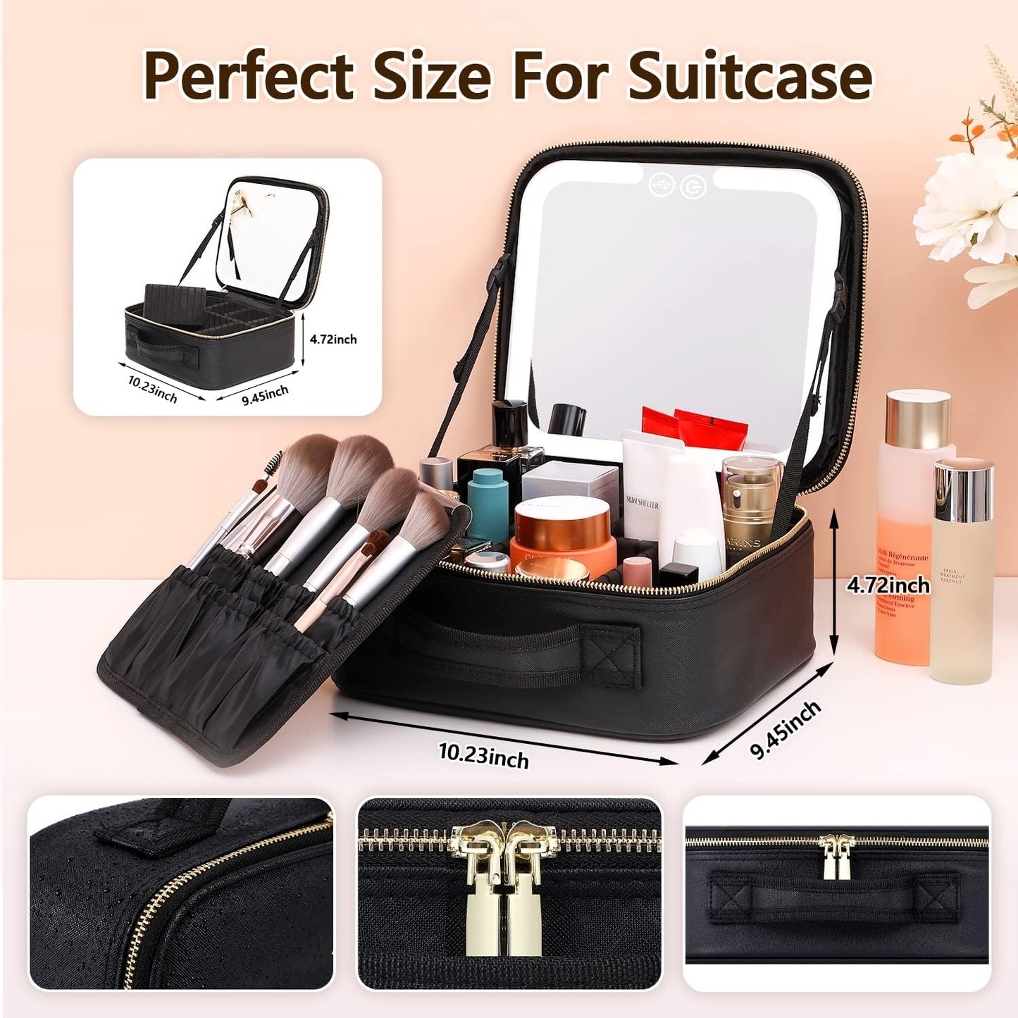 Portable Cosmetic Pouch with LED Light Mirror