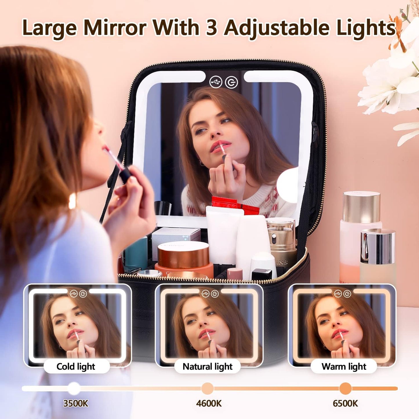 Portable Cosmetic Pouch with LED Light Mirror