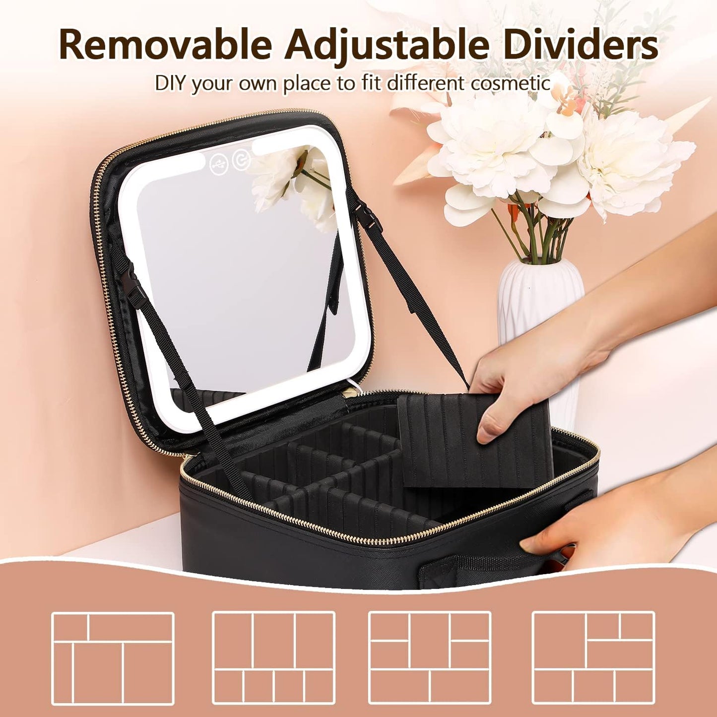 Portable Cosmetic Pouch with LED Light Mirror