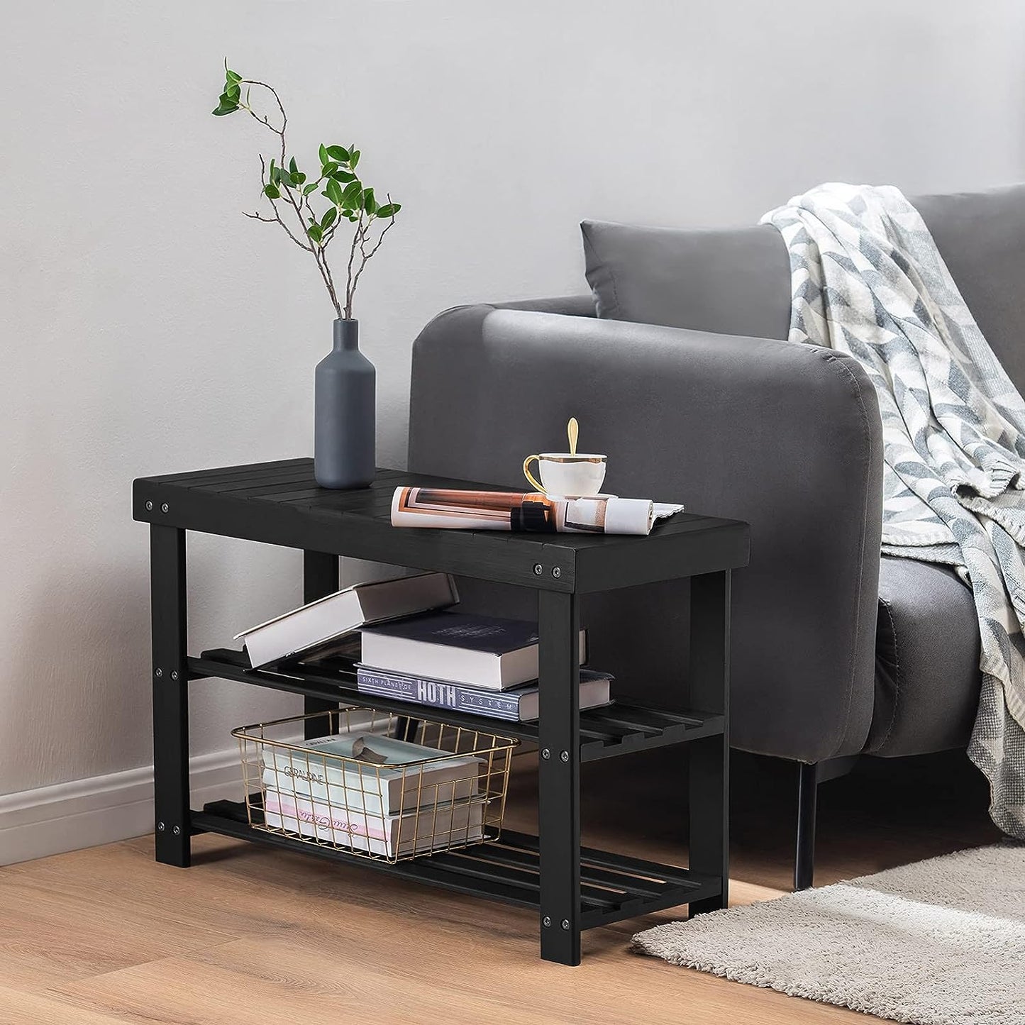 Natural 3-Level Wooden Storage Bench Organizer