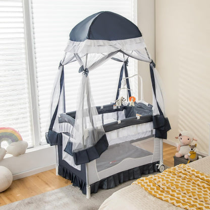 Compact Baby Playpen Crib Bed with Music & Canopy
