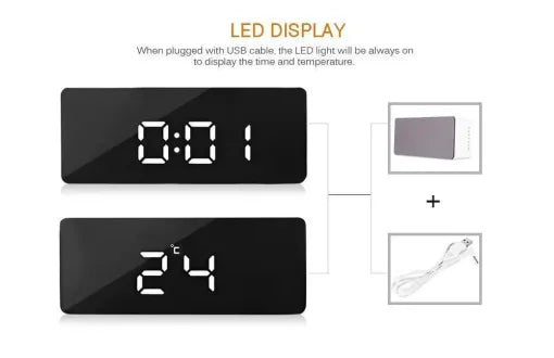 LED Smart Clock Mirror Night Light Table Alarm