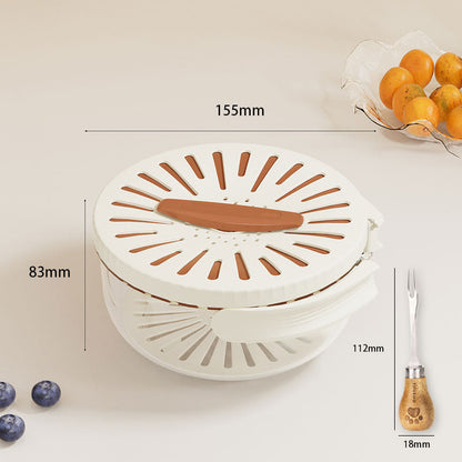 White kitchen tool with brown accents and measurements on a light background