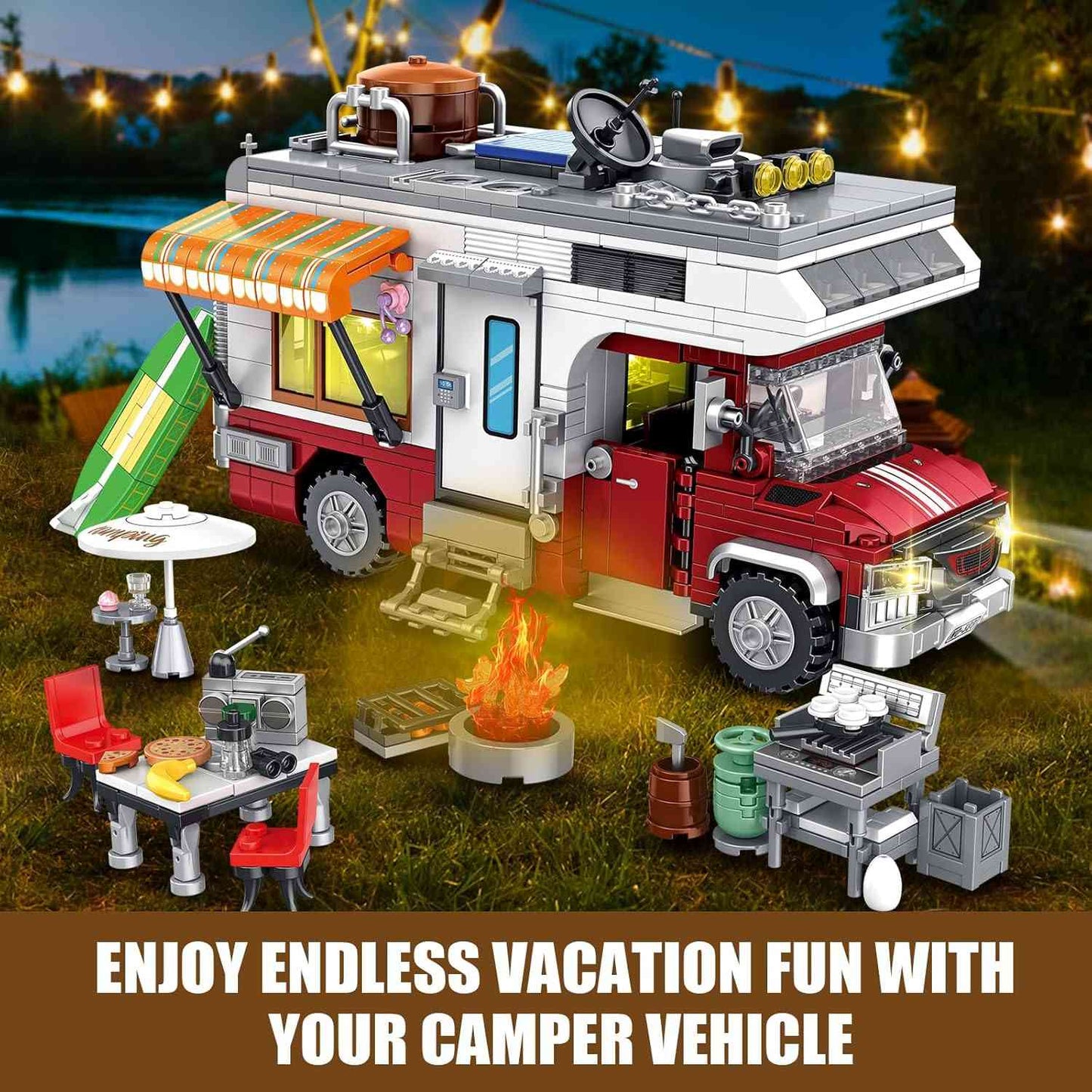 880 pcs Camping Car Toy, Camper Van Building Block Set with Mini Accessories & LED Lights, Safe for Ages 6+