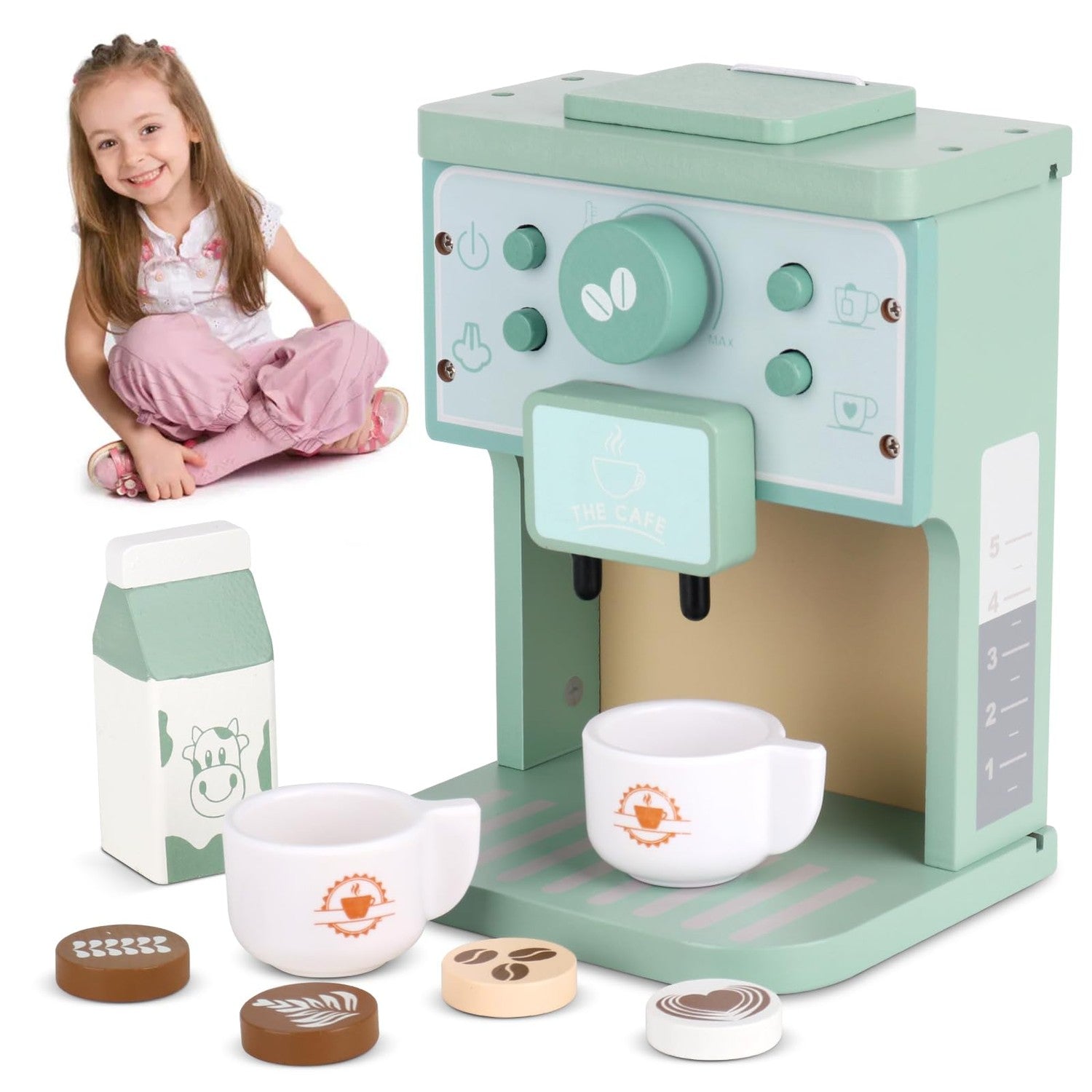 Kids Wooden Play Coffee Machine Set, 8Pcs Play Kitchen Toy - Halri