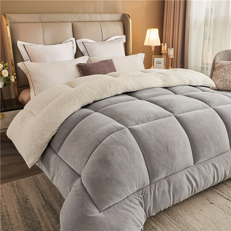 Gray comforter on a bed in a bedroom setting with pillows and a lamp.