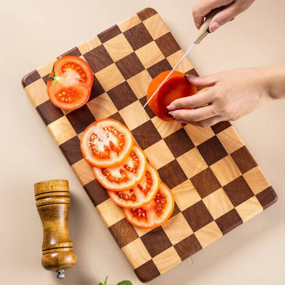 Natural Wood Cutting Board, Classic Checkered Pattern, Durable Kitchen Essential - Halri